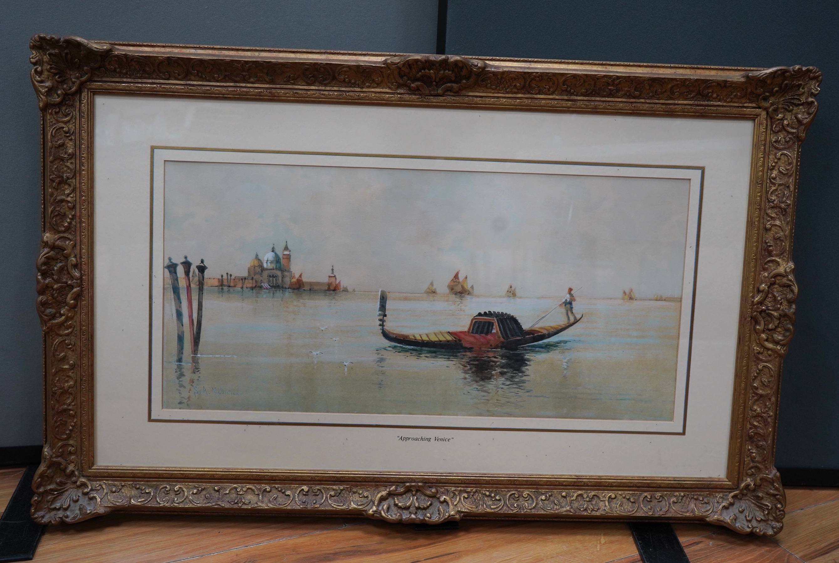 Sydney A. Mulholland (St Clair Augustin, 1839-1910), watercolour, ‘Approaching Venice’, 28 x 57cm, ornate gilt frame. Condition - fair, fading throughout